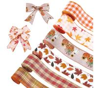 AHANDMAKER 6 Rolls Fall Ribbons Wired Buffalo Plaid Autumn Harvest Thanksgiving Ribbons Set Maple Leaves Wired Edge Wrapping Rustic Vintage Farmhouse Wrapping for Wreath Floral Bows Craft Decor