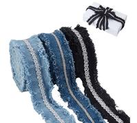 AHANDMAKER 6 Yards Denim Jean Ribbon 3 Colors Jean Fabric Ribbon 1-1/8 Inch Stitch Denim Cord Layering Cloth Fabric Jeans Bows Ribbons for Sewing Hair Gift Wrapping DIY Craft Apparel Accessories