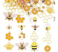 AHANDMAKER 68Pcs Honeycomb Bee Flower Charms Golden Honeybee Pendants Metal Hollow Sweet Honey Charms for Jewelry Making DIY Earrings Bracelet Necklace Supplies 10~29x10~26x1~4mm