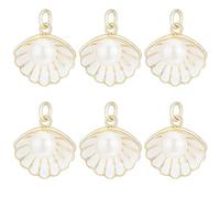 AHANDMAKER 6Pcs 18K Gold Plated Brass Clam Shell Charms, White Enamel Seashell Pendants with Imitation Pearl Beach Ocean Theme Pendant for Jewelry Making Necklaces Bracelets DIY Crafts Wedding Party