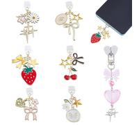 AHANDMAKER 6Pcs Type C Dust Plug Charms Strawberry Cherry Butterfly Daisy Charging Port Covers with 1Pc Pink Bow Heart Phone Pendant Mobile Dustproof Plugs for Women Men Phones Accessories