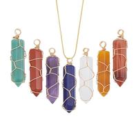 AHANDMAKER 7Pcs Natural Crystal Pendant Wire Wrapped Gemstone Quartz Stone Pendant Copper Wire Wrap Charms Crystal Point Gemstone Wand Charm for Necklace Earrings Jewelry Making DIY Craft