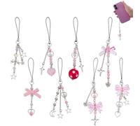 AHANDMAKER 8Pcs Cute Phone Charm, Silver Metal Star Mobile Charms Strap Pink Acrylic Bow Heart Decorative Hanging Keychain Pendants for Cellphones Purses Backpacks Accessories Kawaii Gifts