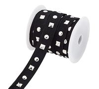 AHANDMAKER 9.84 Yards 20 mm Wide Sliver Aluminum Studded Polyester Cord, Black Flat Polyester Ribbon Trim with Round and Square Rivets, for DIY Craft and Hat Belt Headband Garment Sewing Decoration