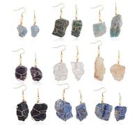 AHANDMAKER 9 Pairs Handmade Crystal Drop Earrings Wire Wrapped Crystal Stone Earring Natural Irregular Shaped Dangling Earrings Hand Wired Crystals Jewelry for Women Valentine's Day Gifts, Golden
