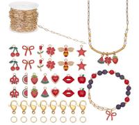 AHANDMAKER 92Pcs Red Theme Jewelry Making Set, 13 Style Enamel Charms, 20Inch 18K Gold Plated Stainless Steel Chain, 15 Pcs Lobster Claw Clasps and 50 Pcs Jump Rings for Necklace Bracelet Crafts