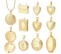 AHANDMAKER 9pcs 9 styles 18K Gold Plated Locket Pendants Brass Photo Heart Frame Pendants Mixed Shape Memory Locket Charms for DIY Necklace Bracelet Jewelry Making 15~35x13~25.5x4~9.5mm