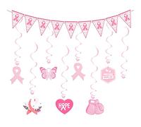AHANDMAKER Breast Cancer Awareness Decorations, Pink Ribbon Pennant Banners Wall Hanging Hope Butterfly Bird Swirls Set for Breast Cancer Awareness Party Fundraising Charity Event Accessories