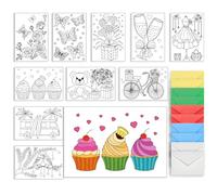 AHANDMAKER Celebrate Coloring Greeting and Thank You Note Cards, 10 Coloring Cards about Celebrate, Flowers, Cakes, Gift with 5 Colors 10Pcs Envelopes Included (8x6 inch)