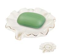 AHANDMAKER Ceramic Self Draining Soap Dish, White Lotus Leaf Ceramic Soap Dish Soap Holder, Waterfall Drain Soap Save, Elegant Leaf-Shape Soap Tray for Bathroom, Shower, Kitchen Sink, Bar Counter