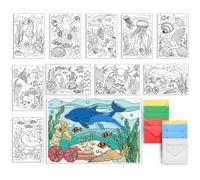 AHANDMAKER Ocean Coloring Greeting Cards, 10 Sea Animal Themed Cards with 5 Colors & 10 Envelopes (General Occasion)