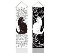AHANDMAKER Pack of 2 Black and White Cat Tapestries Sun and Moon Tapestry Vintage Black White Tassel Tapestry Wall Hanging for Bedroom Living Room Home, 13 x 51 Inch