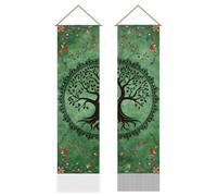 AHANDMAKER Pack of 2 Green Tree of Life Tapestries, Bohemian Style Aesthetic Vertical Long Tapestry, Doorway Curtain Tassel Wall Hanging for Bedroom Living Room, 13 x 51 Inch