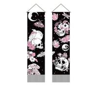 AHANDMAKER Pack of 2 Skull Tapestries Skull & Flower & Mushrooms Tapestry Mystical Pink Crystal Moon Tassel Tapestry Wall Hanging for Room, 13 x 51 Inch