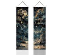 AHANDMAKER Pack of 2 Starry Sky Tapestry, Retro Moon and Stars Vertical Long Aesthetic Celestial Tapestry Doorway Curtain Tassel Wall Hanging for Bedroom Living Room, 13 x 51 Inch