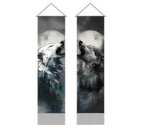 AHANDMAKER Pack of 2 Wolf and Moon Tapestries, Forest Wolf Howling Wall Art Vertical Long Tapestry, Black and White Doorway Curtain Tassel Wall Hanging for Bedroom Living Room, 45.7x13 Inch