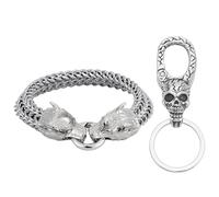 AHANDMAKER Skull Keychain Viking Car Keychain Heavy Duty Car Key Holder, Wolf Head Curb Chain Bracelet with Ring Clasp, Vintage Double Wolf Head Bracelet for Men