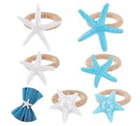 AHANDMAKER Starfish Napkin Rings Set of 6 White and Blue Sea Star Napkin Rings Holder 6 Styles Cute Napkin Ring Holders for Crafts, Beach, Wedding, Theme Party, Banquet