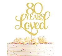 AHAORAY 80 Years Loved Cake Topper - Gold Glitter 80th Birthday Cake Decorating Supplies, Perfect for Wedding, Anniversary or Birthday Party Decorations, Photo Booth Props