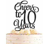 AHAORAY Cheers to 10 Years Cake Topper - Black Glitter Children's 10th Birthday Cake Decorating Supplies - Blessed 10 Years Wedding, Anniversary Party Decorations, Photo Booth Props