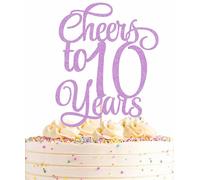 AHAORAY Cheers to 10 Years Cake Topper - Purple Glitter Children's 10th Birthday Cake Decorating Supplies - Blessed 10 Years Wedding, Anniversary Party Decorations, Photo Booth Props