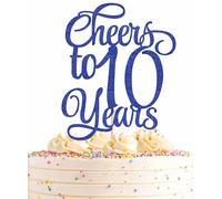 AHAORAY Cheers to 10 Years Cake Topper - Royal Blue Glitter Children's 10th Birthday Cake Decorating Supplies - Blessed 10 Years Wedding, Anniversary Party Decorations, Photo Booth Props