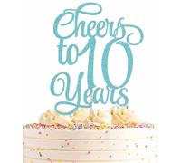 AHAORAY Cheers to 10 Years Cake Topper - Sky Blue Glitter Children's 10th Birthday Cake Decorating Supplies - Blessed 10 Years Wedding, Anniversary Party Decorations, Photo Booth Props