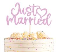 AHAORAY Just Married Cake Topper - Pink Glitter Wedding Cake Pick Decorations for Bridal Shower, Engagement, Marriage & Anniversary Party, Photo Booth Props & Romantic Wedding Cake Supplies