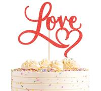 AHAORAY Love Cake Topper - Red Glitter Paper Wedding Cake Decoration Supplies, Perfect for Bridal Shower/Engagement/Anniversary/Birthday Party