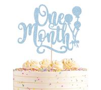 AHAORAY One Month Cake Topper - Light Blue Glitter New Born Welcome Baby Cake Decorations Supplies, for Baby Shower/Gender Reveal Party Photo Booth Props