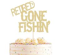 AHAORAY Retired Gone Fishing Cake Topper - Gold Glitter Happy Retirement Cake Decoration - Officially Retired Cake Decor - 65th Fishing Retirement Party Decoration Supplies