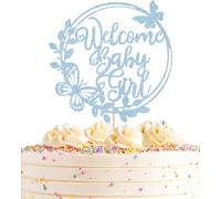 AHAORAY Welcome Baby Girl Cake Topper - Light Blue Glitter Baby Shower Cake Decorations, Baby Girl Cake Decor, for Baby Shower/Birthday Party/Gender Reveal Party Photo Booth Props