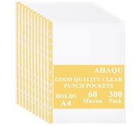 AHAQU 300PCS Punched Pockets A4 Clear 60 Micron Strong Plastic Wallet Sleeves, Top Opening Poly Pockets for Ring Binder Folders- Yellow