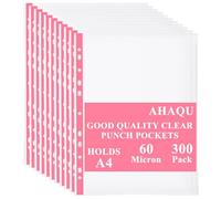 AHAQU 300PCS Punched Pockets A4 Clear 60 Micron Strong Plastic Wallet Sleeves, Top Opening Poly Pockets for Ring Binder Folders- Red