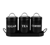 AHAQU 3PCS Tea Coffee and Sugar Canisters Set, 9.7x9.7x12cm Tea Coffee Sugar Jars with Lids, Metal Kitchen Canister Sets with Metal Tray for Food Storage- Black