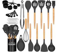 AHASON 33pc Black Silicone Cooking Utensils Set with Holder - Heat Resistant Kitchen Gadgets & Tools - Includes Measuring Cups, Spoons & Hooks - Non-Stick BPA Free Professional Cookware