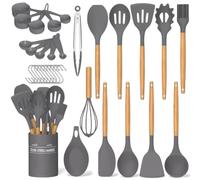 AHASON 33pc Grey Silicone Cooking Utensils Set with Holder - Heat Resistant Kitchen Gadgets for Non-Stick Cookware - BPA Free Cooking Tools Includes Measuring Cups, Spoons & S-Hooks