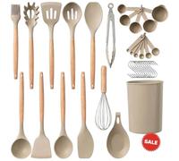 AHASON 33pc Khaki Silicone Cooking Utensils Set with Holder - Heat Resistant Kitchen Gadgets & Tools - Includes Measuring Cups, Spoons & Hooks - Non-Stick BPA Free Professional Cookware