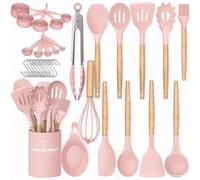 AHASON 33pc Pink Silicone Cooking Utensils Set with Holder - Heat Resistant Kitchen Gadgets & Tools - Includes Measuring Cups, Spoons & Hooks - Non-Stick BPA Free Professional Cookware