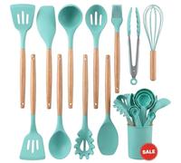 AHASON Large Size 22pc Mint Green Silicone Cooking Utensils Set with Holder - Heat Resistant Kitchen Tools, Wooden Handles, Measuring Cups, Spoons & Hooks - Non-Stick, BPA-Free