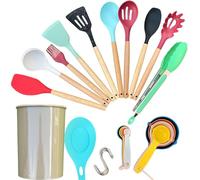 AHASON Rainbow 33pc Silicone Cooking Utensils Set with Holder - Heat Resistant Kitchen Tools with Natural Wooden Handles - Non-Stick Cookware Safe - Includes Turner, Tongs, Whisk & Spatulas