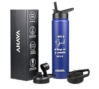 AHAVA Christian Gift Stainless Steel Hot Water Bottle | 750 ml | 2 Lids | Dishwasher Safe | 12hrs Hot, 24hrs Cold | with God All Things are Possible | Matthew 19:26 (Estate Blue)