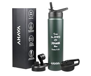 AHAVA Christian Gift Stainless Steel Hot Water Bottle | 750 ml | 2 Lids | Dishwasher Safe | 12hrs Hot, 24hrs Cold | I AM The Lord who Healeth thee | Exodus 15:26 (Dark Slate Green)