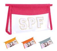 Ahdoma Beach Pouch Sunscreen Clear Makeup Bag Chenille Letter Beach Cosmetic Pouch Summer Essential Cute Toiletry Pouch Travel Accessories Gifts for Women, Hot Pink, Spf