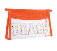 Ahdoma Beach Pouch Sunscreen Clear Makeup Bag Chenille Letter Beach Cosmetic Pouch Summer Essential Cute Toiletry Pouch Travel Accessories Gifts for Women, Orange-1, Beach