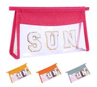Ahdoma Beach Pouch Sunscreen Clear Makeup Bag Chenille Letter Beach Cosmetic Pouch Summer Essential Cute Toiletry Pouch Travel Accessories Gifts for Women, Hot Pink, Sun