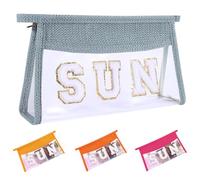 Ahdoma Beach Pouch Sunscreen Clear Makeup Bag Chenille Letter Beach Cosmetic Pouch Summer Essential Cute Toiletry Pouch Travel Accessories Gifts for Women, Blue, Sun