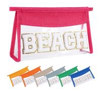 Ahdoma Beach Pouch Sunscreen Clear Makeup Bag Chenille Letter Beach Cosmetic Pouch Summer Essential Cute Toiletry Pouch Travel Accessories Gifts for Women, Hot pink