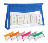 Ahdoma Beach Pouch Sunscreen Clear Makeup Bag Chenille Letter Beach Cosmetic Pouch Summer Essential Cute Toiletry Pouch Travel Accessories Gifts for Women, Royal blue, 10.2 x 2.3 x 5.9 inches, Beach