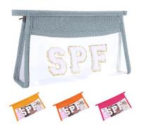 Ahdoma Beach Pouch Sunscreen Clear Makeup Bag Chenille Letter Beach Cosmetic Pouch Summer Essential Cute Toiletry Pouch Travel Accessories Gifts for Women, Blue, Spf